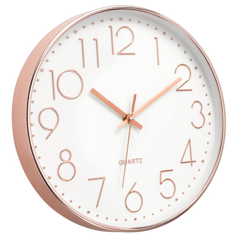 Foxtop Modern Wall Clock 12 Inch Non-Ticking Silent Battery Operated Round Quartz Rose Gold Wall Clock for Office Bedroom Living Room Kitchen Home School Decor - Image 1